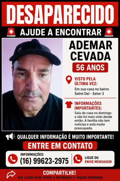 Foto 2 de 2 — (ENCONTRADO) Homem de 56 anos desaparece após sair de casa em Araraquara; família pede ajuda para localizá-lo